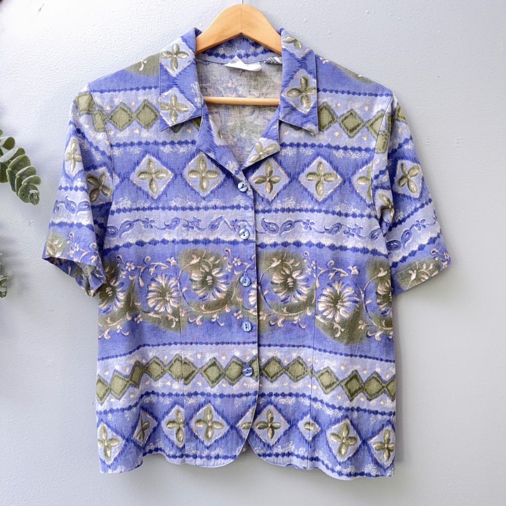 Vtg Alfred Dunner Short Sleeve Shirt Cottagecore Button Up Geometric Floral